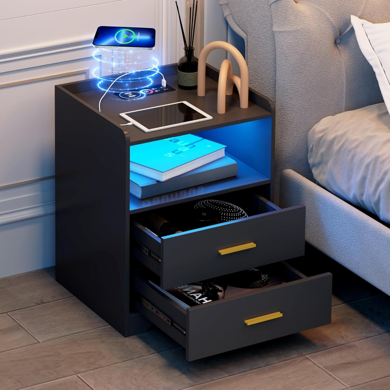 Solid Wood Nightstand 2 Drawers - Черная светодиодная тумбочка с зарядной станцией
