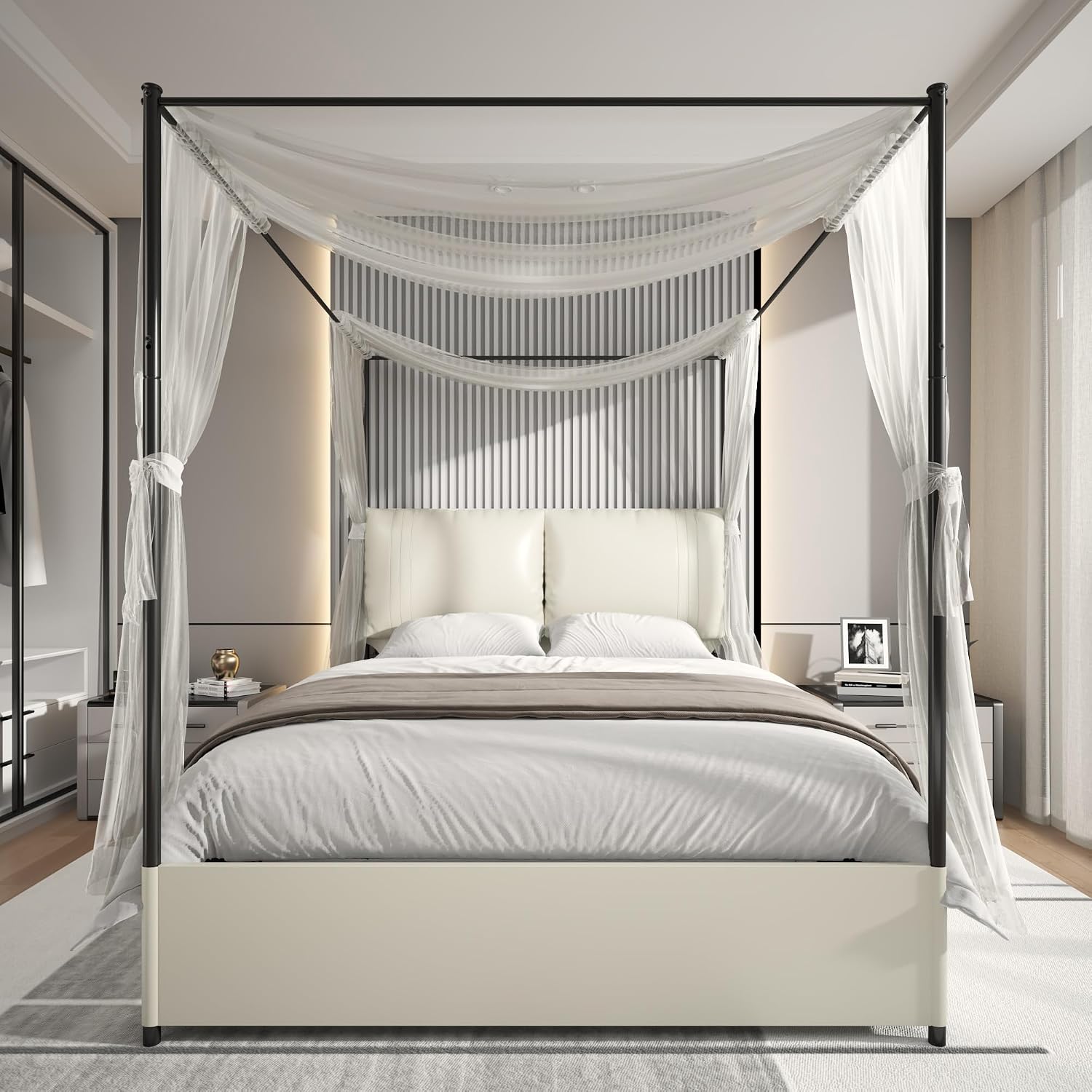 Canopy Bed Frame Metal Queen - Кровать-королева с балдахином, обитым изголовьем, металлическим