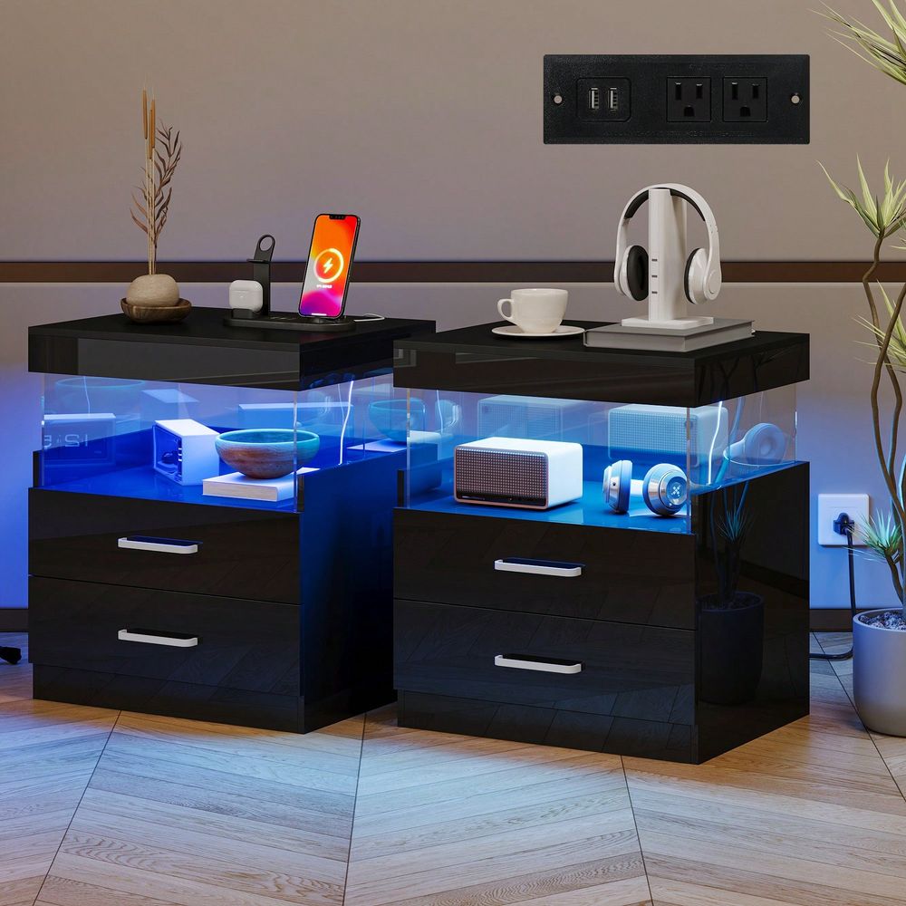 Floating Nightstand With Led Light - Черный прикроватный столик с LED-подсветкой и