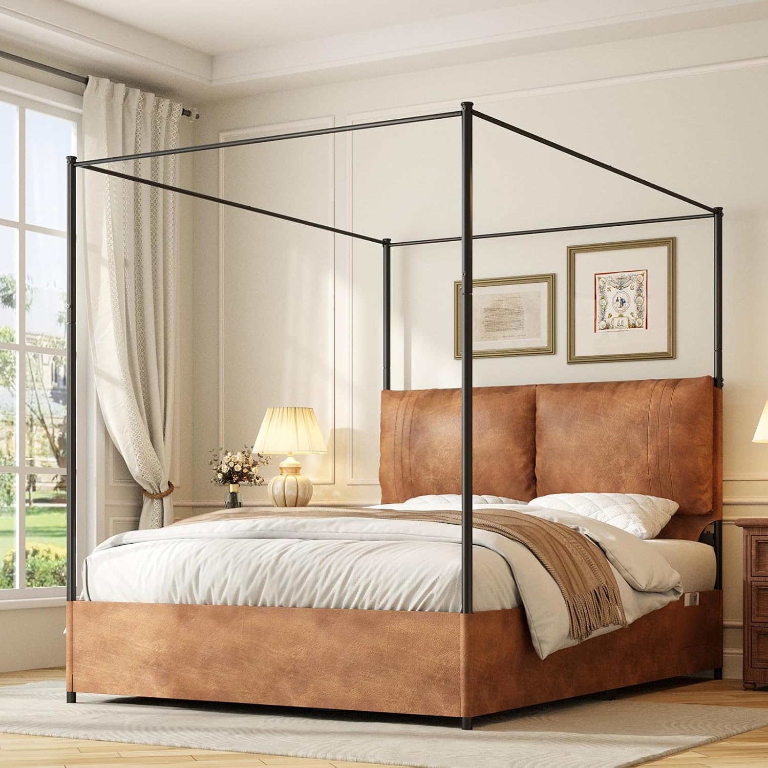 Canopy Bed Frame Metal Queen - Кровать-бокс с высоким изголовьем из искусственной