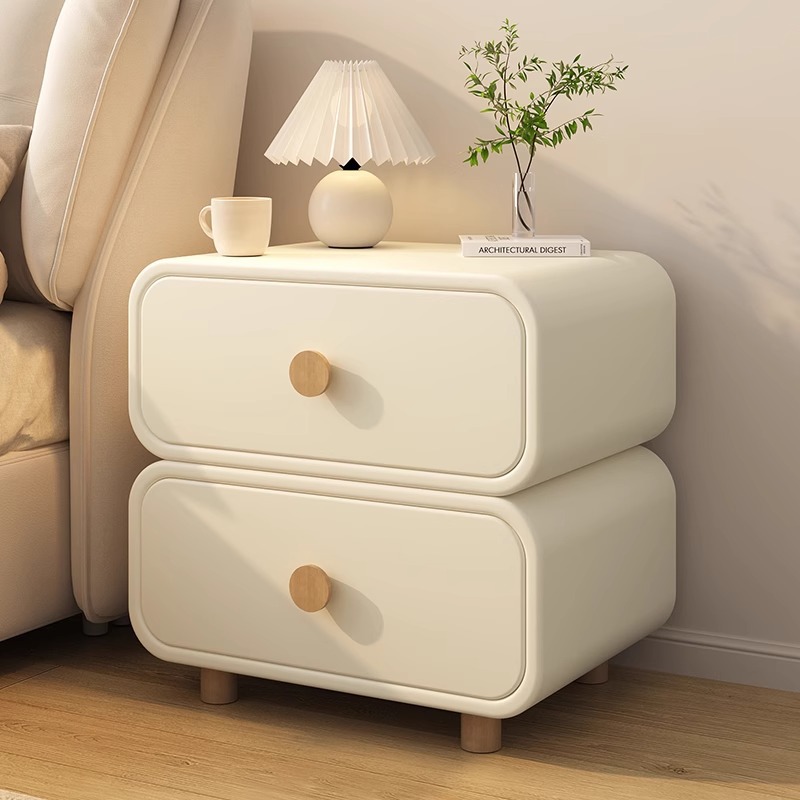 Solid Wood Nightstand 2 Drawers - Минималистичная прикроватная тумба кремового цвета с