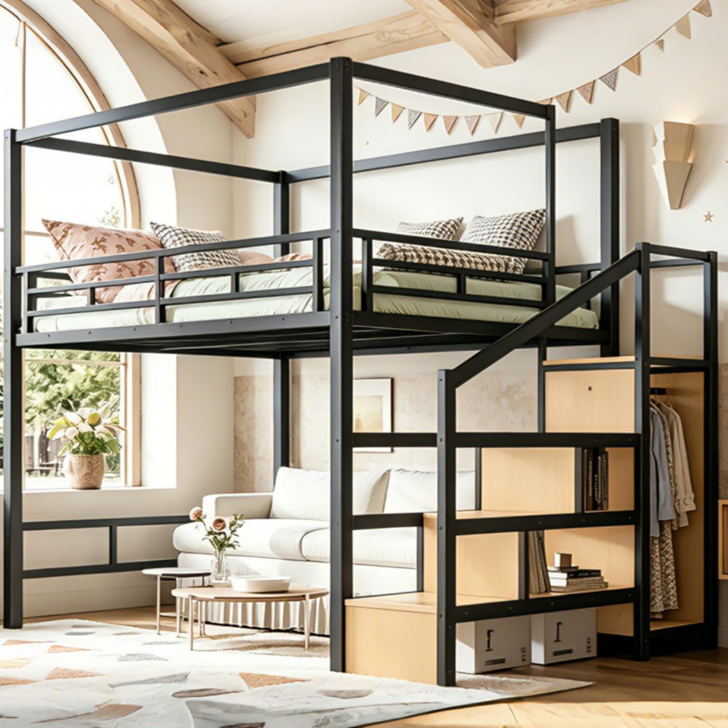 Canopy Bed Frame Metal Queen - Кровать-чердак Queen с лестницей для хранения