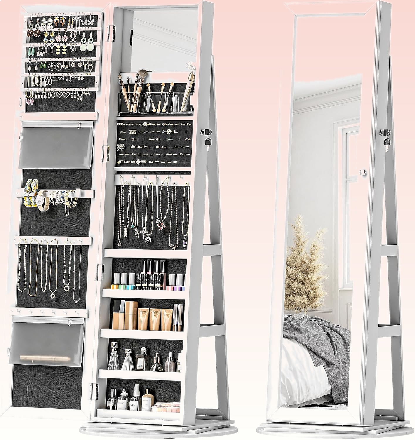 Full Length Mirror Jewelry Armoire - HOMCOM 360 ° Вращающийся запираемый органайзер