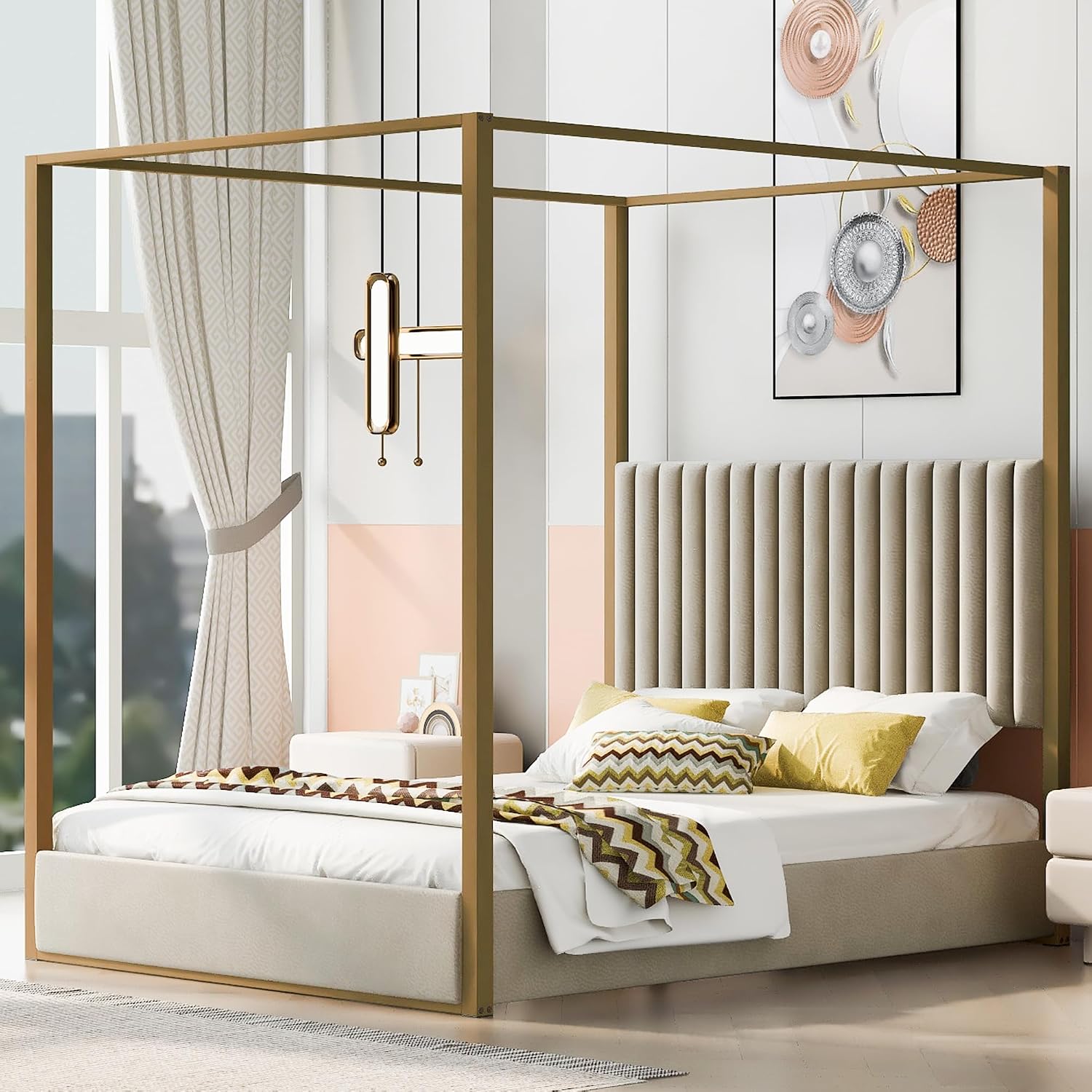 Canopy Bed Frame Metal Queen - Современная кровать-платформа с балдахином, размер Queen,