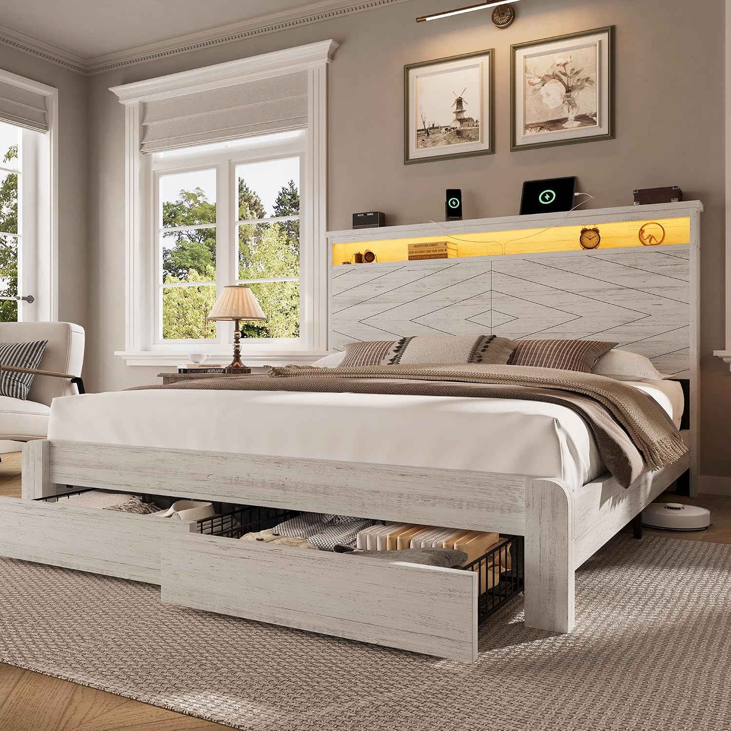 King Size Bed Frame With Storage Drawers - Деревянная кровать-платформа размера King Size с